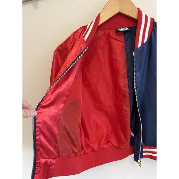 Suicide Squad Jacket Womens Small Red Blue Harley Quinn Joker Satin Bomber Coat - Picture 8 of 8